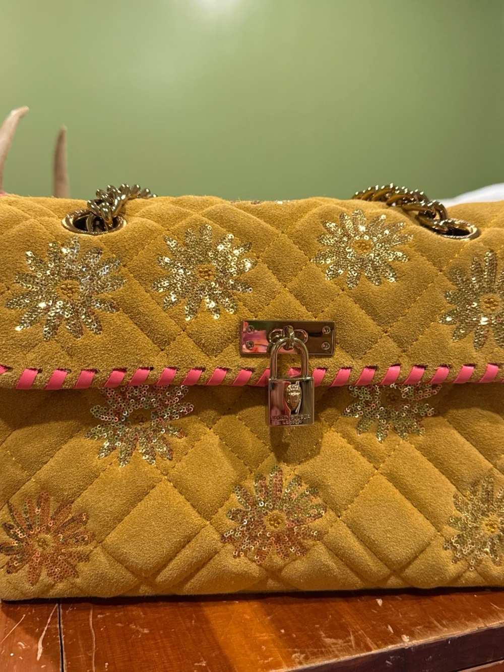 Kurt Geiger Large Quilted Mustard Suede Floral Sequin Shoulder Bag